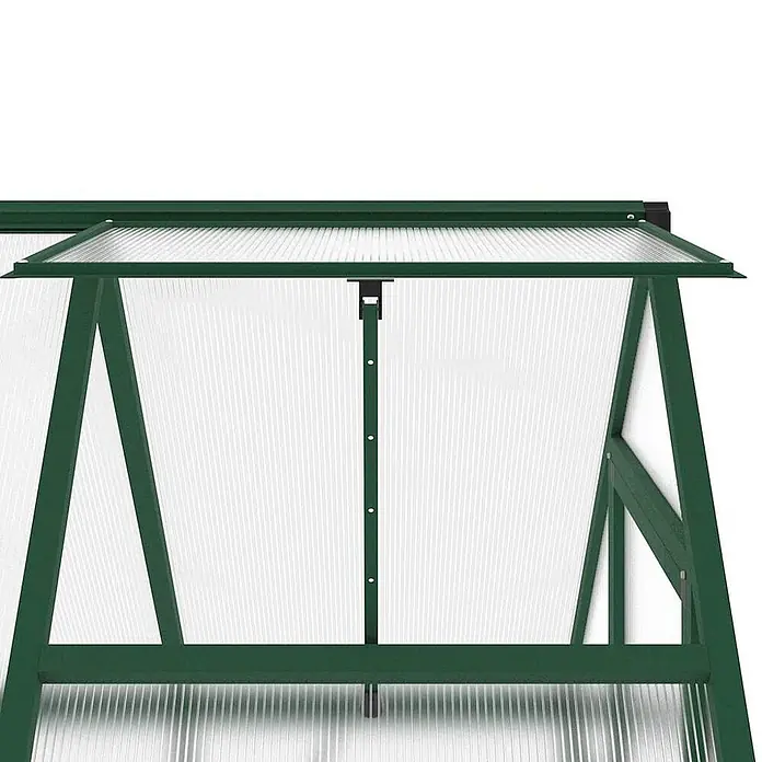 Furnicato Gewächshaus - Außenmaß inkl. Dachüberstand (B x T): 114 x 169 cm, Material Seitenwand: Aluminium, 0,4 mm, Grün - Dunkelgrünes Gewächshaus mit geöffneter, transparenter Polycarbonat-Dachluke zur Belüftung.