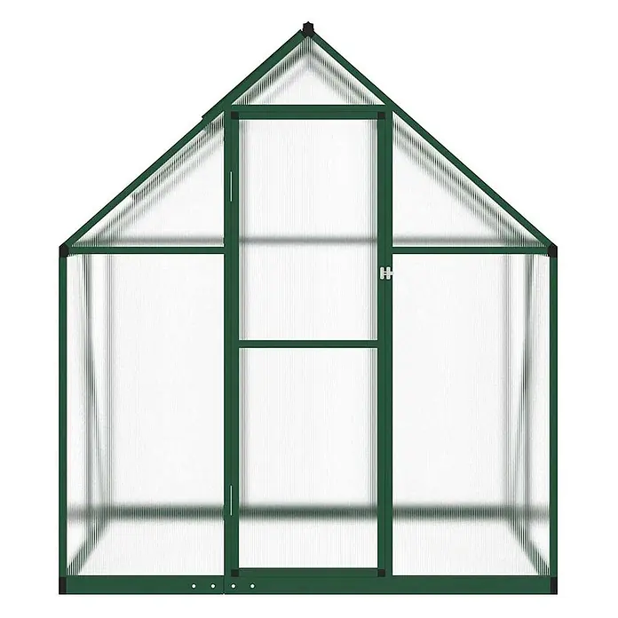 Furnicato Gewächshaus - Außenmaß inkl. Dachüberstand (B x T): 114 x 169 cm, Material Seitenwand: Aluminium, 0,4 mm, Grün - Grünes Gewächshaus mit transparenten Paneelen, Spitzdach und einer Vordertür.