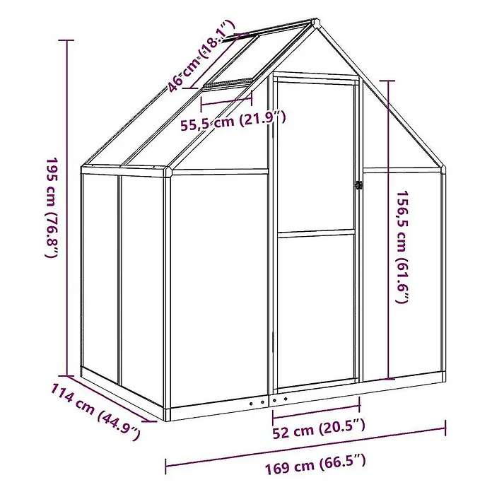 Furnicato Gewächshaus - Außenmaß inkl. Dachüberstand (B x T): 114 x 169 cm, Material Seitenwand: Aluminium, 0,4 mm, Grün - Gewächshaus mit Maßen in Zentimetern und Zoll.