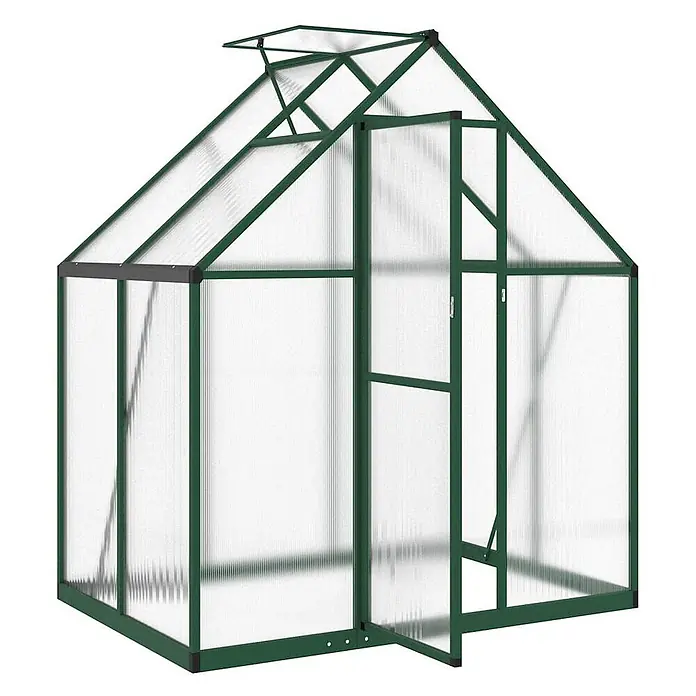 Furnicato Gewächshaus - Außenmaß inkl. Dachüberstand (B x T): 114 x 169 cm, Material Seitenwand: Aluminium, 0,4 mm, Grün - Gewächshaus mit dunkelgrünem Aluminiumrahmen und lichtdurchlässigen Platten, mit Scharniertür und Dachluke.