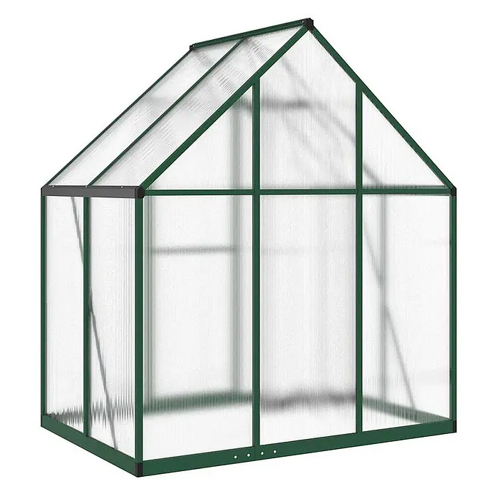 Furnicato Gewächshaus - Außenmaß inkl. Dachüberstand (B x T): 114 x 169 cm, Material Seitenwand: Aluminium, 0,4 mm, Grün - Gewächshaus mit grünem Metallrahmen und transparenten Polycarbonatplatten.