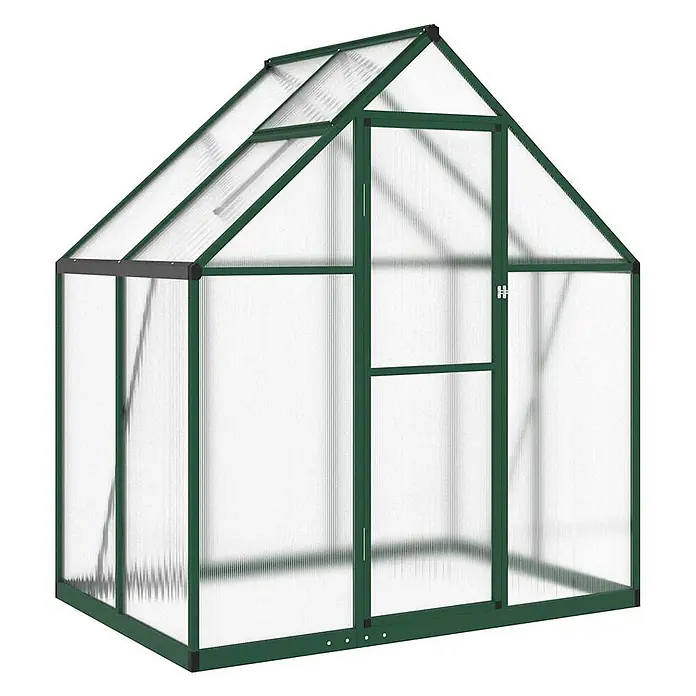 Furnicato Gewächshaus - Außenmaß inkl. Dachüberstand (B x T): 114 x 169 cm, Material Seitenwand: Aluminium, 0,4 mm, Grün - Grünes Polycarbonat-Gewächshaus mit grünem Aluminiumrahmen, Flügeltür und verstellbarer Dachluke.