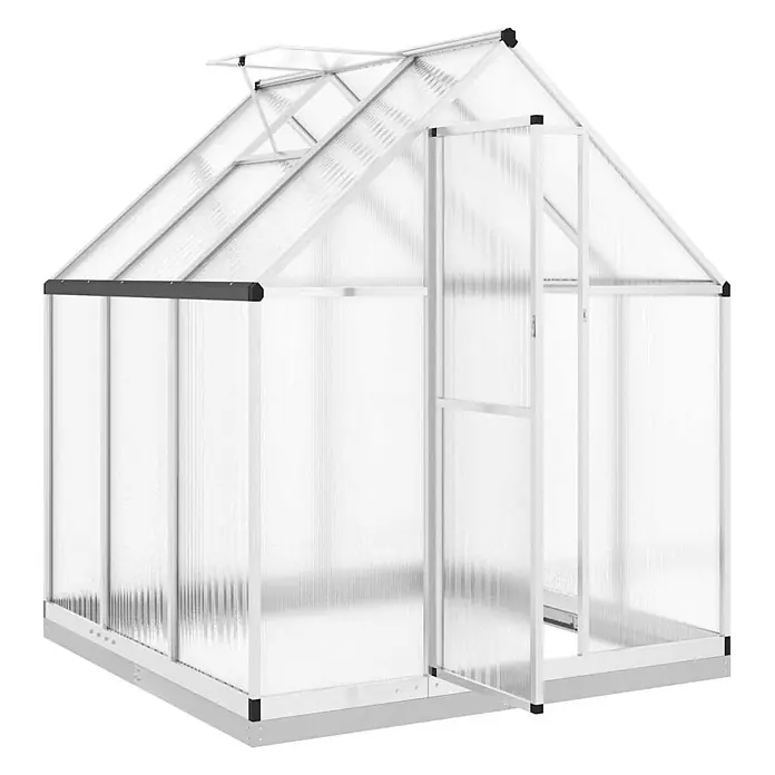 Furnicato Gewächshaus - Außenmaß inkl. Dachüberstand (B x T): 169 x 169 cm, Material Seitenwand: Aluminium, 0,4 mm, silbern - Weißes Aluminium-Gewächshaus mit transparenten Polycarbonatplatten, geöffnetem Dachfenster und offener Tür.