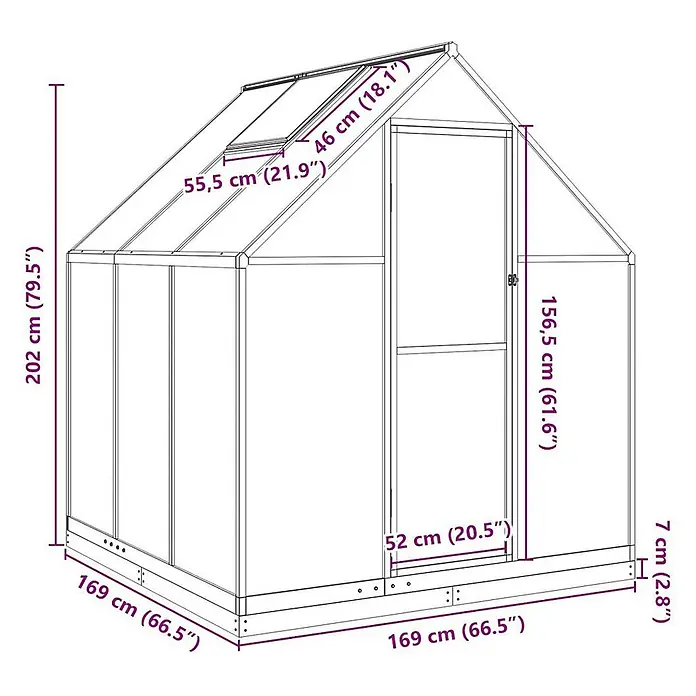 Furnicato Gewächshaus - Außenmaß inkl. Dachüberstand (B x T): 169 x 169 cm, Material Seitenwand: Aluminium, 0,4 mm, silbern - Ein transparentes Gewächshaus mit Satteldach, einer Flügeltür und einem Dachfenster. Maße sind angegeben.