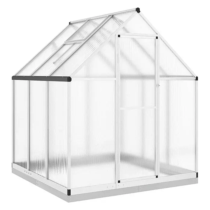Furnicato Gewächshaus - Außenmaß inkl. Dachüberstand (B x T): 169 x 169 cm, Material Seitenwand: Aluminium, 0,4 mm, silbern - Weißes Aluminium-Gewächshaus mit transparenten Wellplatten, begehbar, Dachfenster und Einzeltür.