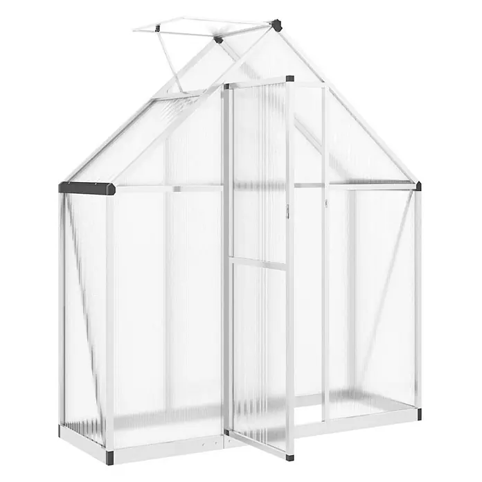 Furnicato Gewächshaus - Außenmaß inkl. Dachüberstand (B x T): 58 x 169 cm, Material Seitenwand: Aluminium, 0,4 mm, Silbern - Weißes Aluminium-Gewächshaus mit transparenten Polycarbonatplatten, geöffneter Dachluke und offener Tür.