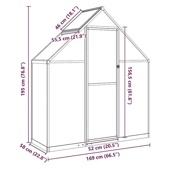 Furnicato Gewächshaus - Außenmaß inkl. Dachüberstand (B x T): 58 x 169 cm, Material Seitenwand: Aluminium, 0,4 mm, Silbern - Gewächshaus mit Tür und Dachluke, detailliert mit verschiedenen Maßen für Höhe, Breite und Tiefe.