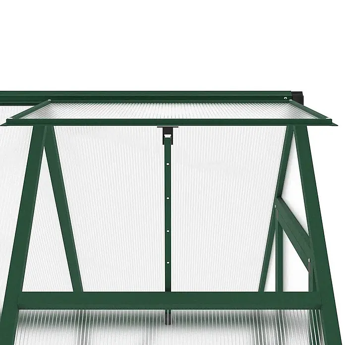 Furnicato Gewächshaus - Außenmaß inkl. Dachüberstand (B x T): 114 x 169 cm, Material Seitenwand: Aluminium, 0,4 mm, grün - Grünes Gewächshausdachfenster mit transparenten Wellplatten, teilweise zur Belüftung geöffnet.