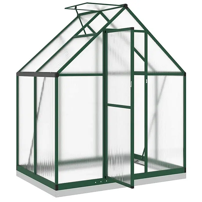 Furnicato Gewächshaus - Außenmaß inkl. Dachüberstand (B x T): 114 x 169 cm, Material Seitenwand: Aluminium, 0,4 mm, grün - Gewächshaus mit dunkelgrünem Metallrahmen und transparenten Platten, mit geöffnetem Dachfenster und teils geöffneter Tür.