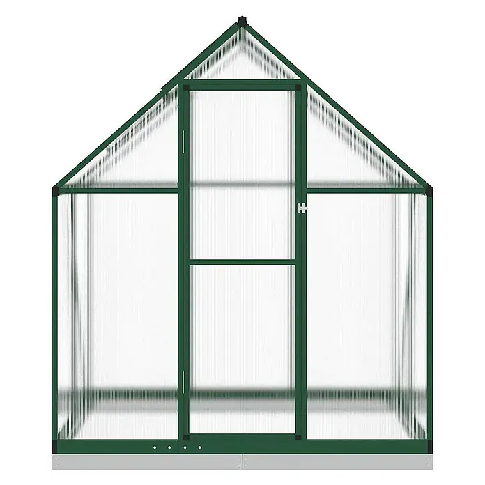Furnicato Gewächshaus - Außenmaß inkl. Dachüberstand (B x T): 114 x 169 cm, Material Seitenwand: Aluminium, 0,4 mm, grün - Gewächshaus mit dunkelgrünem Aluminiumrahmen und transparenten Well-Polycarbonatplatten, mit Flügeltür und Giebeldach auf grauem Sockel.