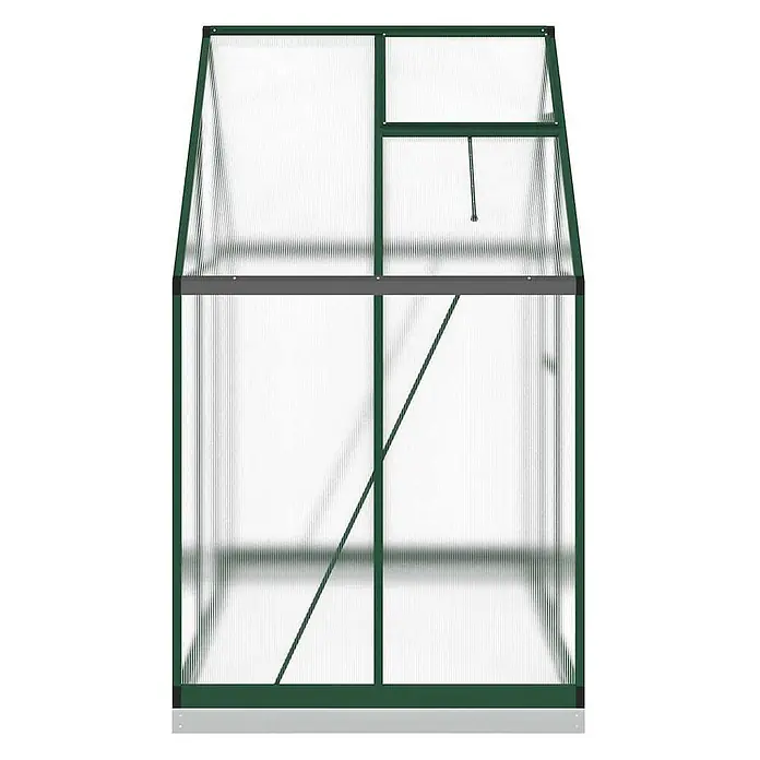 Furnicato Gewächshaus - Außenmaß inkl. Dachüberstand (B x T): 114 x 169 cm, Material Seitenwand: Aluminium, 0,4 mm, grün - Kompaktes Gewächshaus mit grünem Rahmen, transparenten Polycarbonatplatten und Dachfenster auf grauem Sockel.