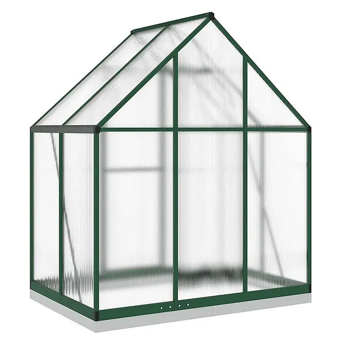 Furnicato Gewächshaus - Außenmaß inkl. Dachüberstand (B x T): 114 x 169 cm, Material Seitenwand: Aluminium, 0,4 mm, grün - Gewächshaus mit grünem Rahmen und durchsichtigen Platten auf einem silbernen Sockel.