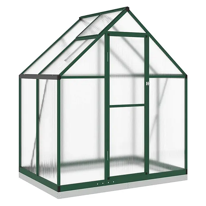 Furnicato Gewächshaus - Außenmaß inkl. Dachüberstand (B x T): 114 x 169 cm, Material Seitenwand: Aluminium, 0,4 mm, grün - Grün gerahmtes Gewächshaus mit durchscheinenden Polycarbonatplatten und einer Zugangstür auf silbernem Sockel.