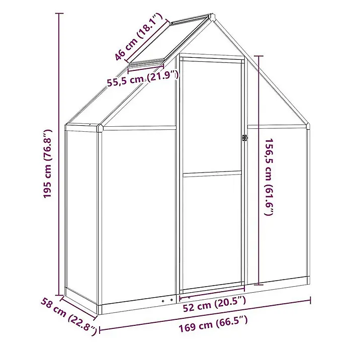 Furnicato Gewächshaus - Außenmaß inkl. Dachüberstand (B x T): 58 x 169 cm, Material Seitenwand: Aluminium, 0,4 mm, Grün - Gewächshaus mit Metallrahmen, Schrägdach und Fenster, mit detaillierten Maßen dargestellt.