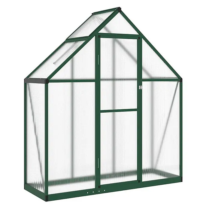 Furnicato Gewächshaus - Außenmaß inkl. Dachüberstand (B x T): 58 x 169 cm, Material Seitenwand: Aluminium, 0,4 mm, Grün - Grünes Gewächshaus mit Metallrahmen und transparenten, geriffelten Polycarbonatplatten. Mit Flügeltür und Dachfenster für den Garten.