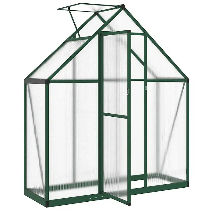Furnicato Gewächshaus - Außenmaß inkl. Dachüberstand (B x T): 58 x 169 cm, Material Seitenwand: Aluminium, 0,4 mm, Grün - Gewächshaus mit grünem Rahmen und transparenten Platten, mit offener Tür und Dachluke.