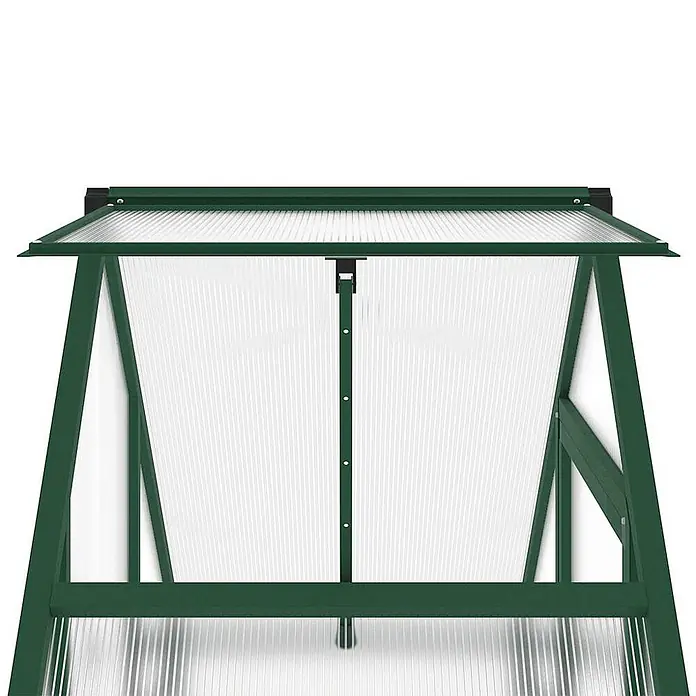 Furnicato Gewächshaus - Außenmaß inkl. Dachüberstand (B x T): 58 x 169 cm, Material Seitenwand: Aluminium, 0,4 mm, Grün - Dunkelgrünes Frühbeet mit transparenten Riffelplatten, Deckel geöffnet.