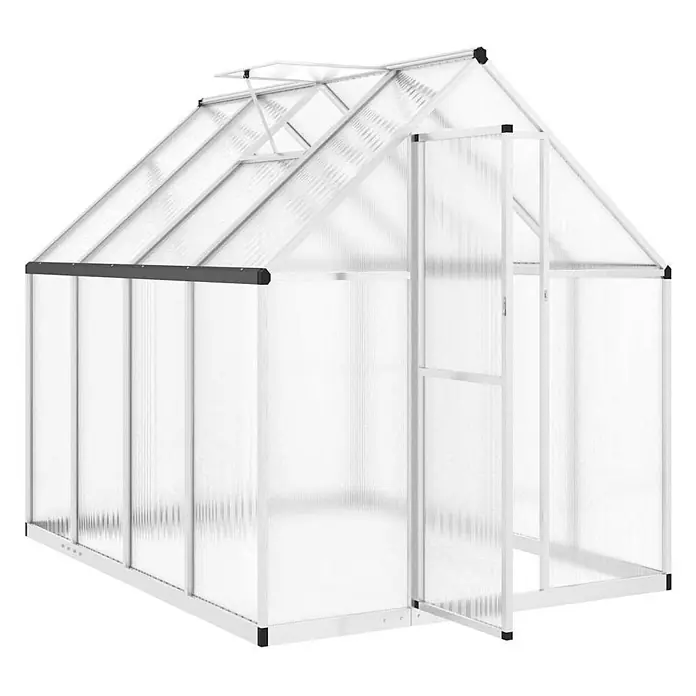 Furnicato Gewächshaus - 169 x 224 cm, Material Seitenwand: Kunststoff, 10 mm, silber - Weißes Gewächshaus mit transluzenten Platten, geöffnetem Dachfenster und offener Tür.