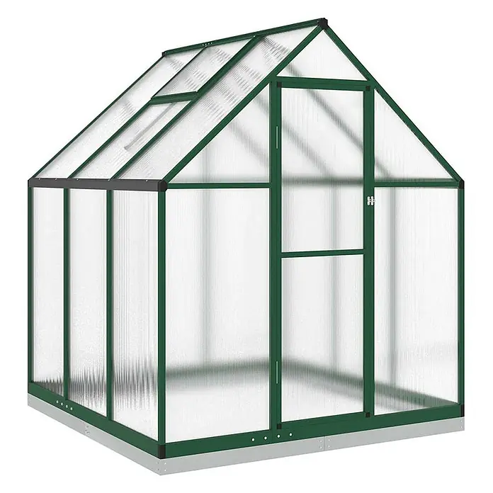 Furnicato Gewächshaus - Außenmaß inkl. Dachüberstand (B x T): 169 x 169 cm, Material Seitenwand: Kunststoff, 10 mm, silber - Gewächshaus mit grünem Aluminiumrahmen, transparenten Wellplatten und silberner Basis für den Pflanzenanbau.