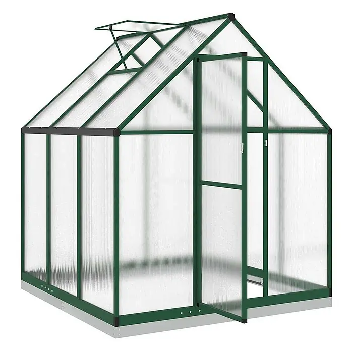 Furnicato Gewächshaus - Außenmaß inkl. Dachüberstand (B x T): 169 x 169 cm, Material Seitenwand: Kunststoff, 10 mm, silber - Grünes Polycarbonat-Gewächshaus mit grünem Aluminiumrahmen, Dachlüfter und offener Tür auf Metallbasis.