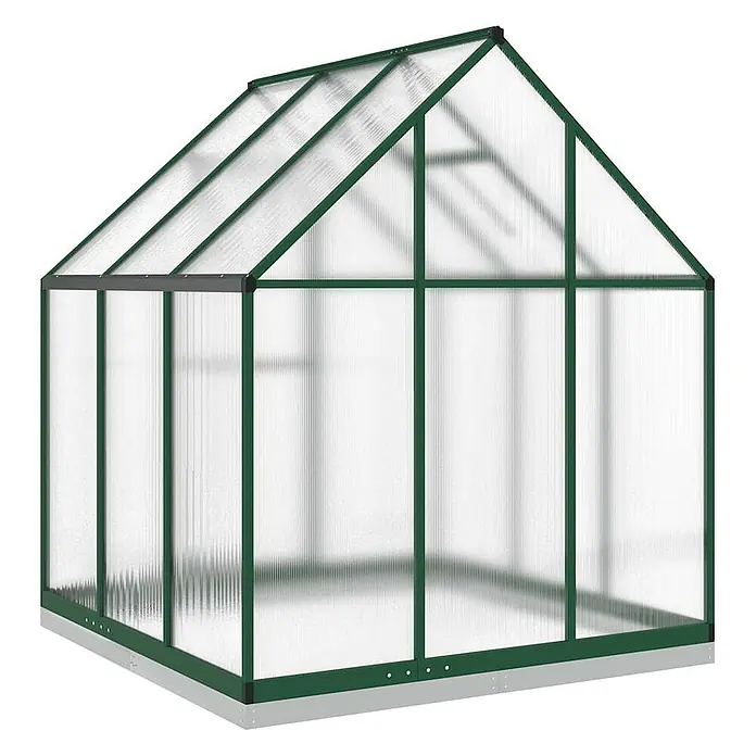 Furnicato Gewächshaus - Außenmaß inkl. Dachüberstand (B x T): 169 x 169 cm, Material Seitenwand: Kunststoff, 10 mm, silber - Grünes Gewächshaus mit transparenten Platten und silbernem Sockel.