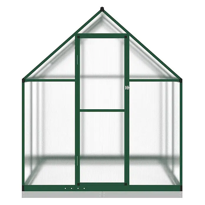 Furnicato Gewächshaus - Außenmaß inkl. Dachüberstand (B x T): 169 x 169 cm, Material Seitenwand: Kunststoff, 10 mm, silber - Grünes Gewächshaus mit transparenten Paneelen, Scharniertür und silbernem Sockel.