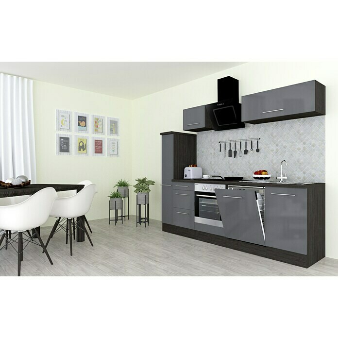 Respekta Premium Composición de cocina (Ancho: 250 cm, Con dispositivos eléctricos, Gris de alto brillo)
