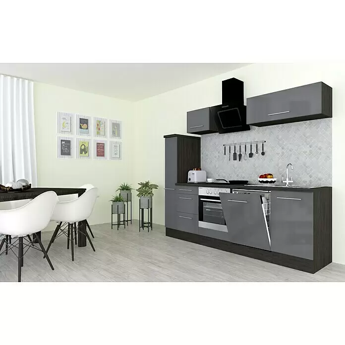 Respekta Premium Composición de cocina Amanda Alto - Ancho: 250 cm, Roble/Gris, Con electrodomésticos - Cocina moderna gris con detalles de madera oscura, horno, placa, fregadero y lavavajillas abierto integrados.