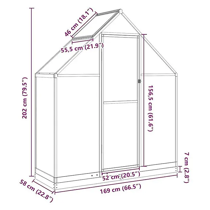 Furnicato Gewächshaus Polycarbonat Anthrazit - 58 x 169 cm, Material Seitenwand: Kunststoff, 10 mm, anthrazit - Gewächshaus mit transparenten Paneelen, aufklappbarer Dachluke und Tür, mit detaillierten Maßen.