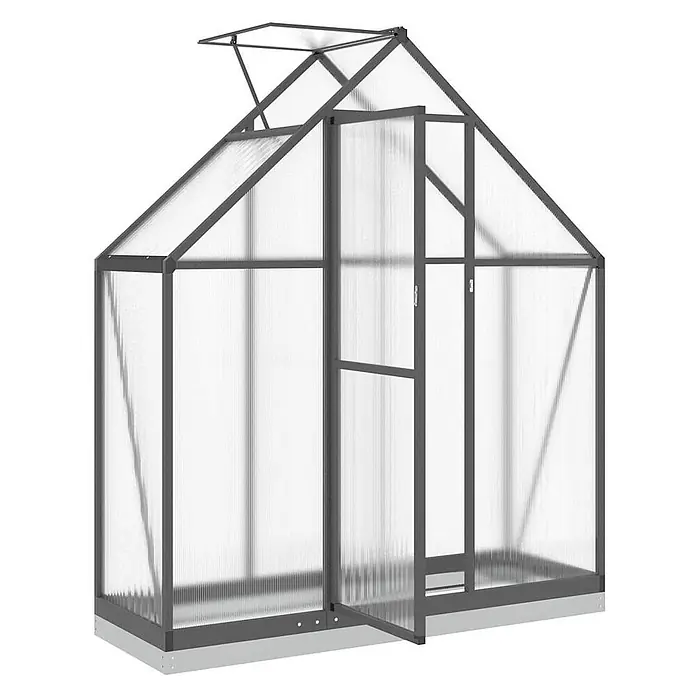 Furnicato Gewächshaus Polycarbonat Anthrazit - 58 x 169 cm, Material Seitenwand: Kunststoff, 10 mm, anthrazit - Graues Aluminium-Gewächshaus mit klaren Wellplatten, offener Tür und teilweise geöffnetem Dachfenster.