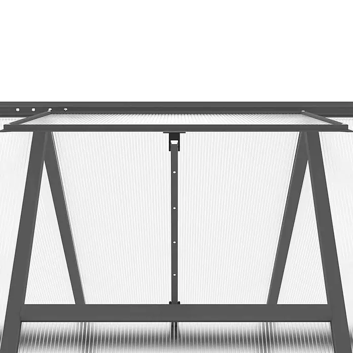 Furnicato Gewächshaus Polycarbonat Anthrazit - 169 x 169 cm, Material Seitenwand: Kunststoff, 10 mm, anthrazit - Teilweise geöffnetes dunkelgraues Gewächshaus-Dachfenster mit transparenten Wellplatten.