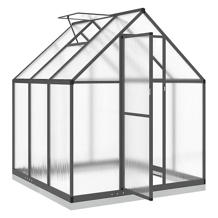 Furnicato Gewächshaus Polycarbonat Anthrazit - 169 x 169 cm, Material Seitenwand: Kunststoff, 10 mm, anthrazit - Graues Aluminium-Gewächshaus mit durchscheinenden Polycarbonatplatten, geöffneter Dachluke und teilweise offener Vordertür, für den Pflanzenanbau.