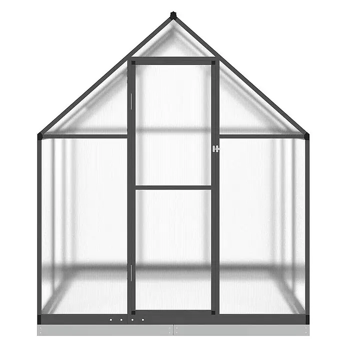 Furnicato Gewächshaus Polycarbonat Anthrazit - 169 x 169 cm, Material Seitenwand: Kunststoff, 10 mm, anthrazit - Ein Gewächshaus mit dunkelgrauem Rahmen und lichtdurchlässigen Wellplatten, Giebeldach und einer Vordertür.