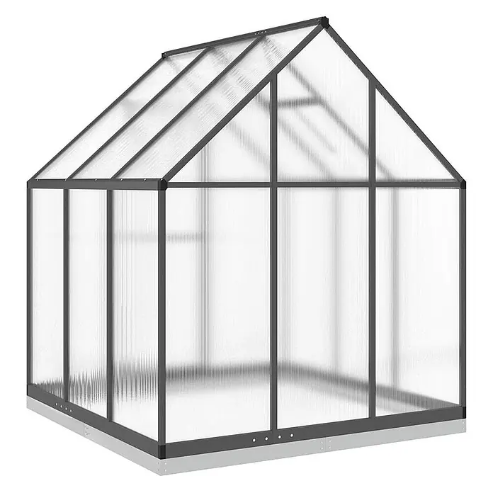 Furnicato Gewächshaus Polycarbonat Anthrazit - 169 x 169 cm, Material Seitenwand: Kunststoff, 10 mm, anthrazit - Dunkelgraues Gewächshaus mit lichtdurchlässigen Paneelen und hellgrauem Sockel, ideal für den Pflanzenanbau.