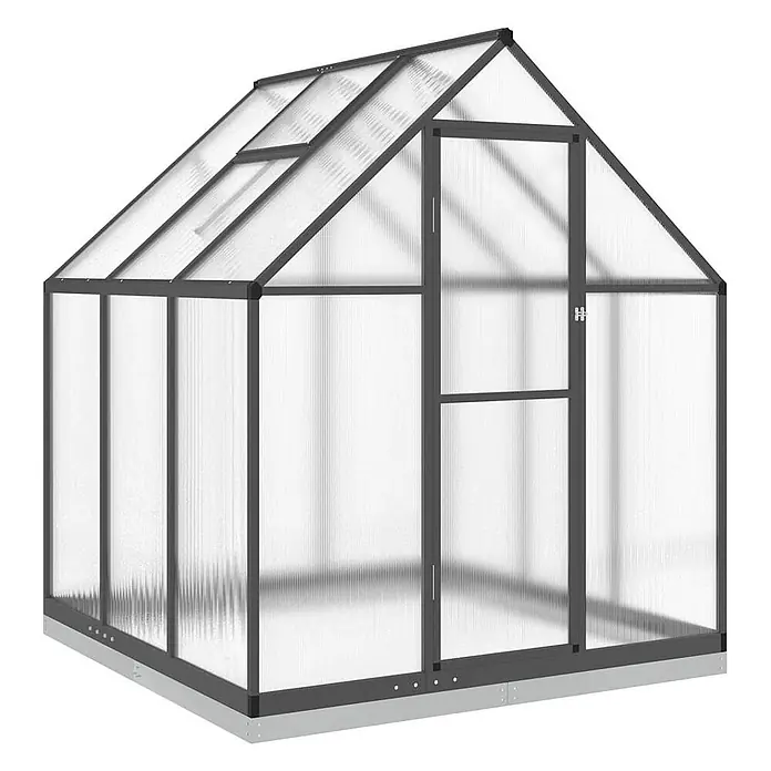 Furnicato Gewächshaus Polycarbonat Anthrazit - 169 x 169 cm, Material Seitenwand: Kunststoff, 10 mm, anthrazit - Gewächshaus mit dunkelgrauem Rahmen, transparenten Platten, Drehtür und Dachfenster.