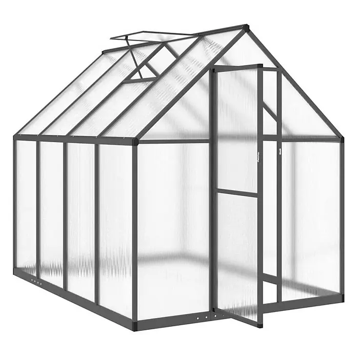 Furnicato Gewächshaus - 169 x 224 cm, Material Seitenwand: Kunststoff, 10 mm, silber - Graues Aluminium-Gewächshaus mit lichtdurchlässigen Polycarbonatplatten, Flügeltür und Dachluke.