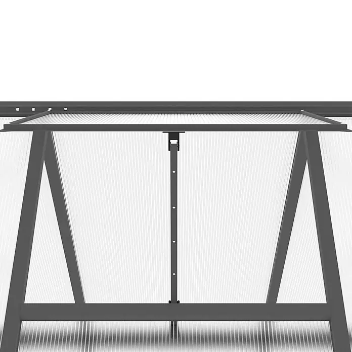 Furnicato Gewächshaus - 169 x 224 cm, Material Seitenwand: Kunststoff, 10 mm, silber - Geöffnetes Gewächshausdachfenster mit grauem Aluminiumrahmen und klaren Polycarbonatplatten zur Belüftung.