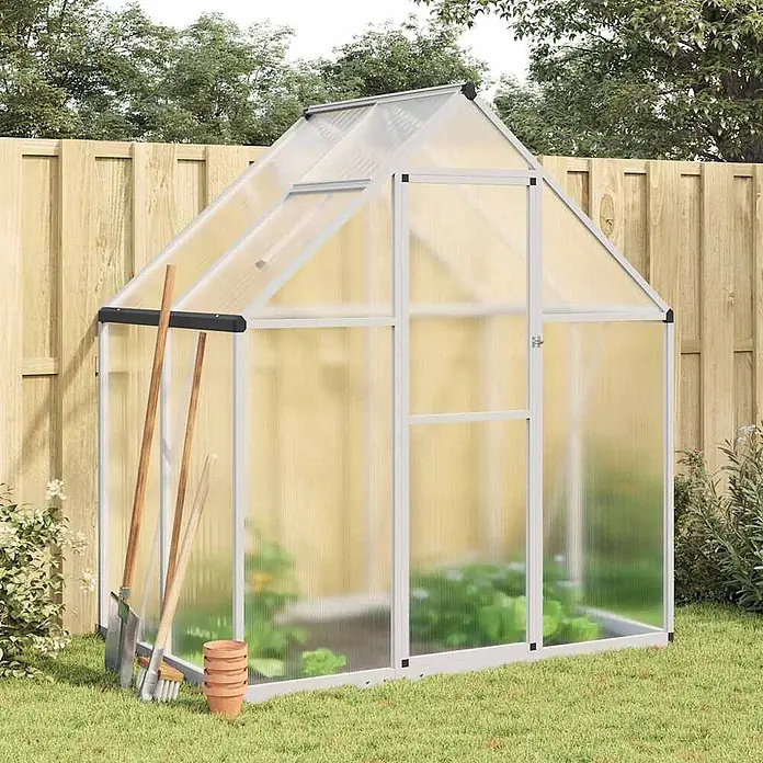 Furnicato Gewächshaus - Außenmaß inkl. Dachüberstand (B x T): 114 x 169 cm, Material Seitenwand: Aluminium, 0,4 mm, Silbern - Weißes Aluminium-Gewächshaus mit lichtdurchlässigen Platten im Garten, ideal für Pflanzenzucht. Verfügt über Dachluke und Drehtür.