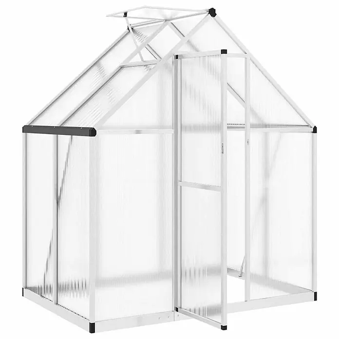 Furnicato Gewächshaus - Außenmaß inkl. Dachüberstand (B x T): 114 x 169 cm, Material Seitenwand: Aluminium, 0,4 mm, Silbern - Weißes Aluminium-Gewächshaus mit klaren gerippten Paneelen, geöffnetem Dachfenster und offener Tür.
