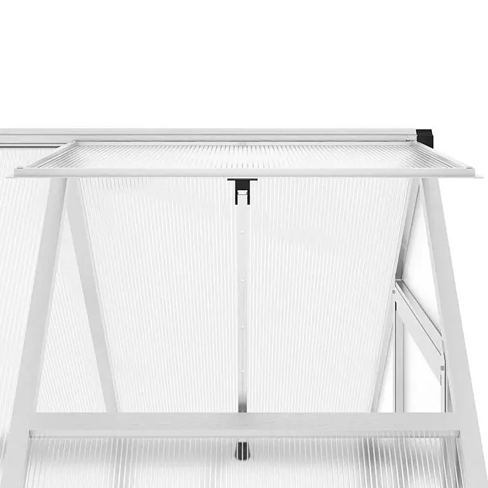 Furnicato Gewächshaus - Außenmaß inkl. Dachüberstand (B x T): 114 x 169 cm, Material Seitenwand: Aluminium, 0,4 mm, Silbern - Weißes Aluminium-Gewächshausdachfenster, geöffnet zur Belüftung, mit gewellten transparenten Platten.