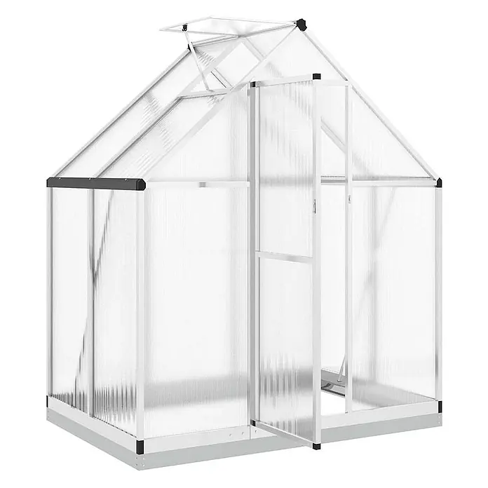 Furnicato Gewächshaus - Außenmaß inkl. Dachüberstand (B x T): 114 x 169 cm, Material Seitenwand: Aluminium, 0,4 mm, Silbern - Weißes Aluminium-Gewächshaus mit transparenten Paneelen, Dachluke und offener Tür.
