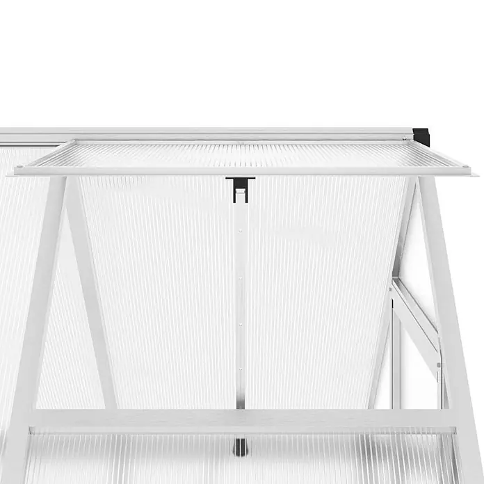 Furnicato Gewächshaus - Außenmaß inkl. Dachüberstand (B x T): 114 x 169 cm, Material Seitenwand: Aluminium, 0,4 mm, Silbern - Geöffnetes weißes Gewächshausfenster mit klaren Wellplatten zur Belüftung.