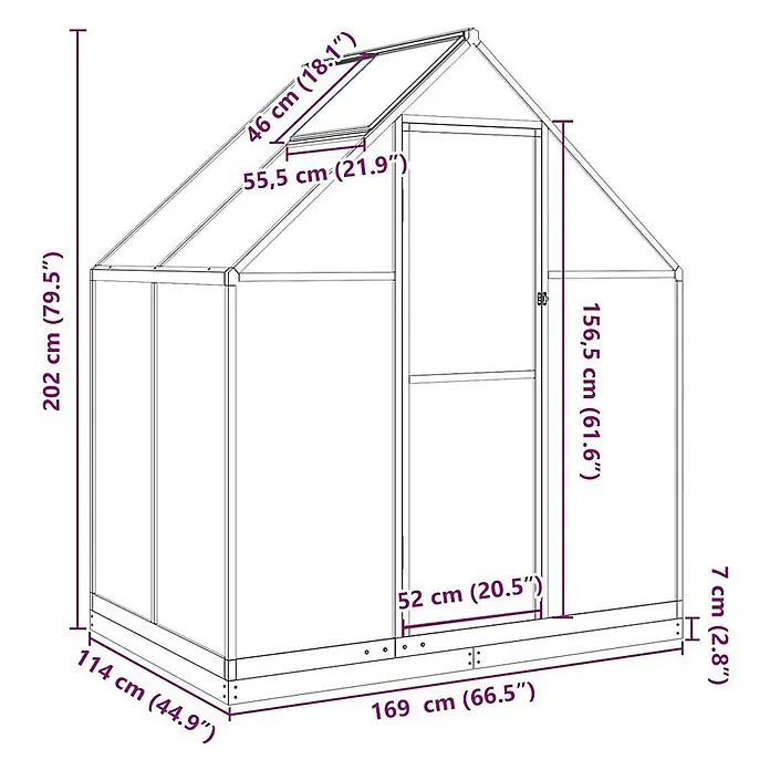 Furnicato Gewächshaus - 114 x 169 cm, Material Seitenwand: Kunststoff, 10 mm, silber - Gewächshaus mit transparenten Paneelen, aufklappbarem Dachfenster und Tür, Maße angegeben.