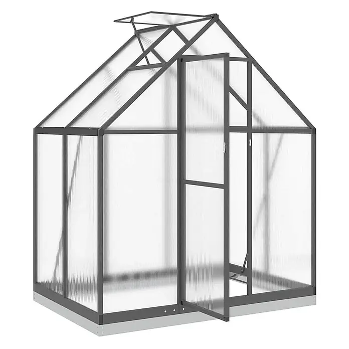 Furnicato Gewächshaus - 114 x 169 cm, Material Seitenwand: Kunststoff, 10 mm, silber - Graues Aluminium-Gewächshaus mit lichtdurchlässigen Polycarbonatplatten, offener Tür und Dachluke.