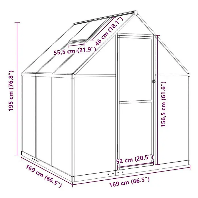 Furnicato Gewächshaus - Außenmaß inkl. Dachüberstand (B x T): 169 x 169 cm, Material Seitenwand: Aluminium, 0,4 mm, grün - Maßzeichnung eines weißgerahmten Gewächshauses mit einer Tür und einem Dachfenster.