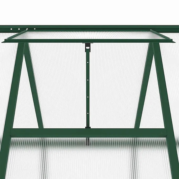 Furnicato Gewächshaus - Außenmaß inkl. Dachüberstand (B x T): 169 x 169 cm, Material Seitenwand: Aluminium, 0,4 mm, grün - Geöffnetes Gewächshaus-Dachfenster mit grünem Metallrahmen und durchscheinender Wellplatte.