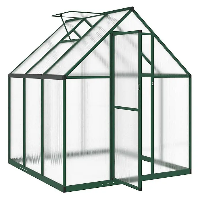 Furnicato Gewächshaus - Außenmaß inkl. Dachüberstand (B x T): 169 x 169 cm, Material Seitenwand: Aluminium, 0,4 mm, grün - Gewächshaus mit dunkelgrünem Rahmen, durchscheinenden Paneelen, einer geöffneten Tür und einer Dachluke.