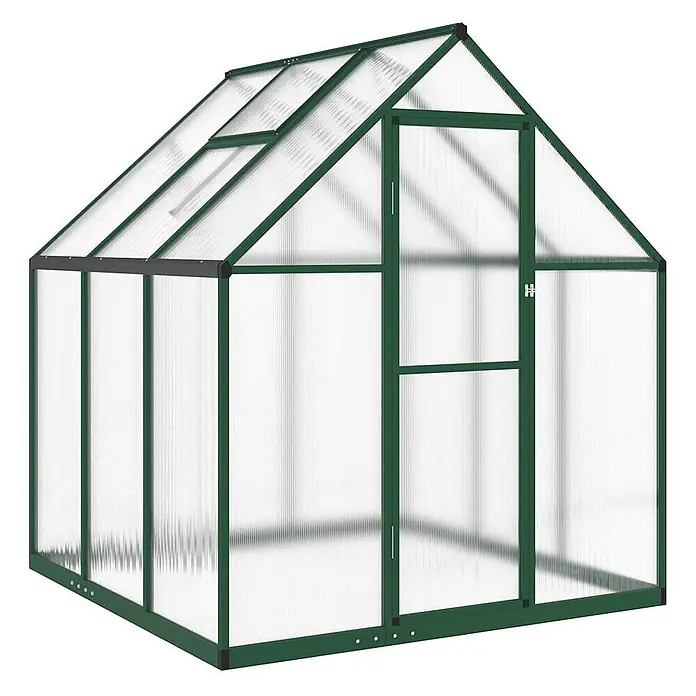 Furnicato Gewächshaus - Außenmaß inkl. Dachüberstand (B x T): 169 x 169 cm, Material Seitenwand: Aluminium, 0,4 mm, grün - Gewächshaus mit dunkelgrünem Metallrahmen und durchsichtigen, gewellten Platten. Mit einer Flügeltür und einem Dachfenster zur Belüftung.