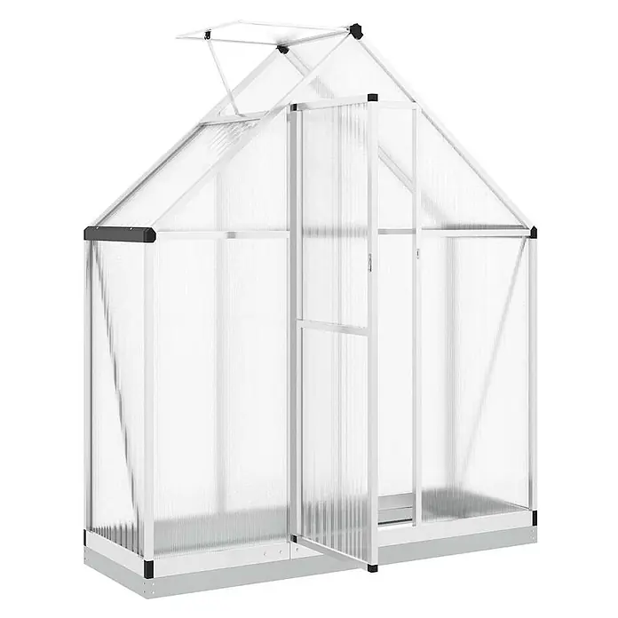 Furnicato Gewächshaus Polycarbonat - 58 x 169 cm, Material Seitenwand: Kunststoff, 10 mm, silber - Weißer Gewächshausrahmen mit lichtdurchlässigen Paneelen, offener Tür und Dachluke, für den Gartenbau.