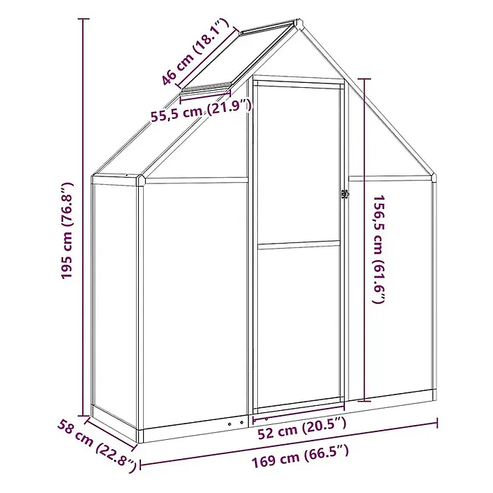 Furnicato Gewächshaus Polycarbonat Anthrazit - 58 x 169 cm, Material Seitenwand: Kunststoff, 10 mm, anthrazit - Gewächshaus mit transparenten Wänden, öffenbarem Dachfenster und Scharniertür. Abmessungen für Höhe, Breite und Tiefe sind angegeben.